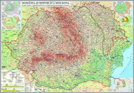 România şi Republica Moldova. Harta fizică, administrativă şi a substanţelor minerale utile- 2000x1400mm