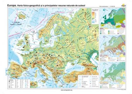 Europa: Harta fizico-geografică şi a principalelor resurse naturale de subsol -1400x1000 mm