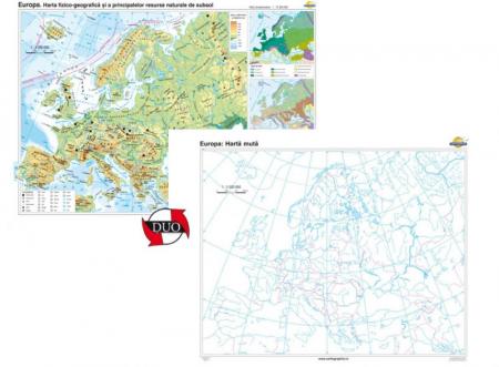 Europa: Harta fizico-geografică şi a principalelor resurse naturale de subsol + Hartă mută - DUO -1600x1200 mm