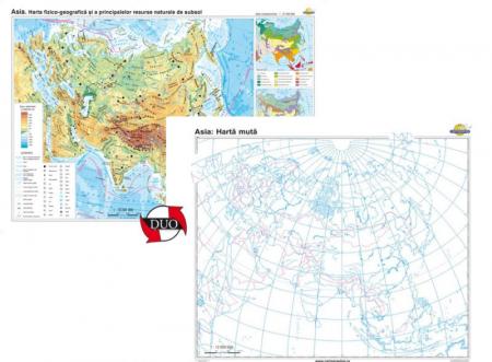 Asia: Harta fizico-geografică şi a principalelor resurse naturale de subsol + Hartă mută - DUO -1400x1000 mm