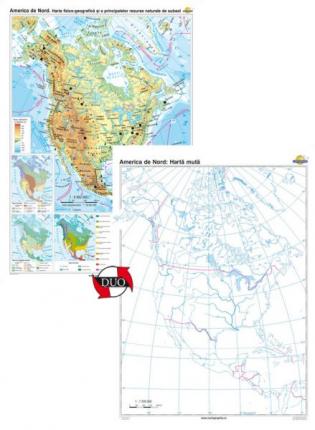 America de Nord: Harta fizico-geografică şi a principalelor resurse naturale de subsol + Hartă mută - DUO -1400x1000 mm