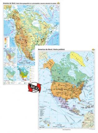 America de Nord: Harta fizico-geografică şi a principalelor resurse naturale de subsol + America de Nord: Harta politica - DUO PLUS -1400x1000 mm