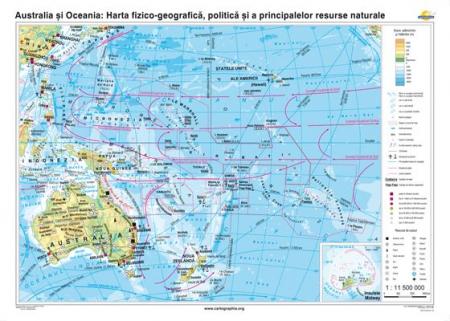 Australia şi Oceania: Harta fizico-geografică, politică şi a principalelor resurse naturale+ Harta muta -DUO -1400x1000 mm